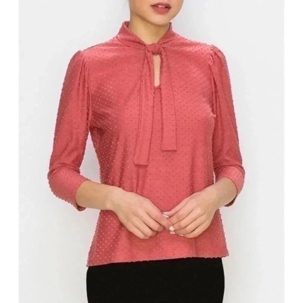 W5 dark coral Swiss dot v neck tie top Small